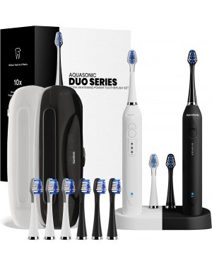 Aquasonic Duo Dual Handle Ultra Whitening 40,000 VPM Wireless Charging Electric ToothBrushes - 3 Modes with Smart Timers - 10 Dupont Brush Heads & 2 Travel Cases Included