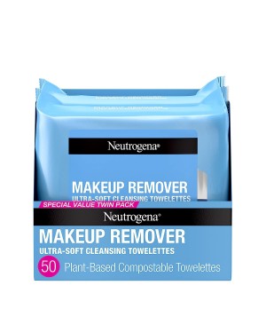 Neutrogena Makeup Remover Cleansing Face Wipes, Daily Cleansing Facial Towelettes Remove Makeup &amp; Waterproof Mascara, Alcohol-Free, 100% Plant-Based Fibers, Value Twin Pack, 25 count, 2 pk