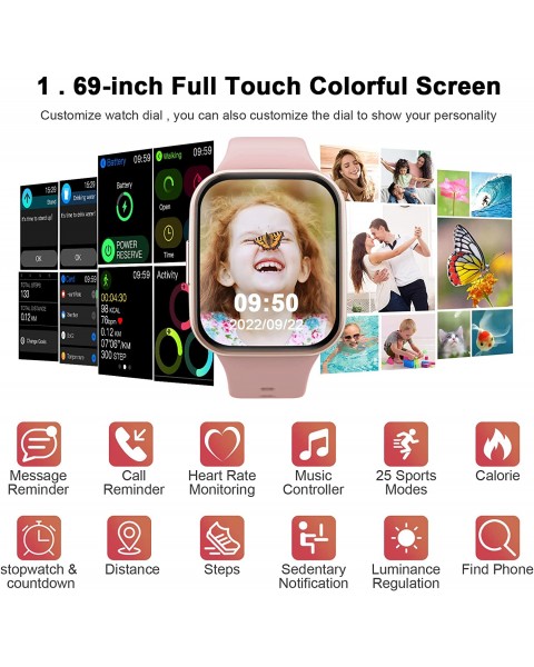 Smartwatch Women, 1.69'' Smart Watch Men Women 25 Sports Modes IP68 Waterproof Activity Bracelet with Heart Rate Monitor, Sleep Monitor Pedometer Message Notification for Android iOS 2023 [Energy Class A+++]