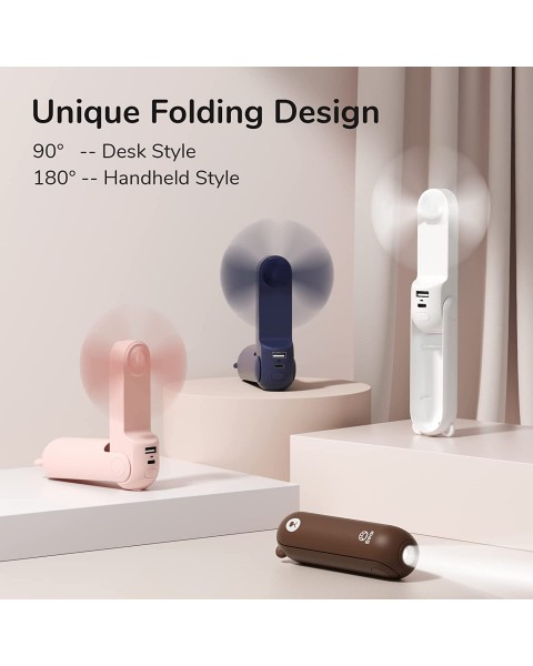 Handheld Mini Fan, 3 IN 1 Hand Fan, Portable USB Rechargeable Small Pocket Fan, Battery Operated Fan [14-21 Working Hours] with Power Bank, Flashlight Feature for Women,Travel,Outdoor-Pink, 1 Count (Pack of 1)