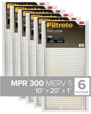 Filtrete 20x20x1 Air Filter MPR 300 MERV 5, Clean Living Basic Dust Furnace Filter Furnace Filter, 6-Pack (exact dimensions 19.69x19.69x0.81)
